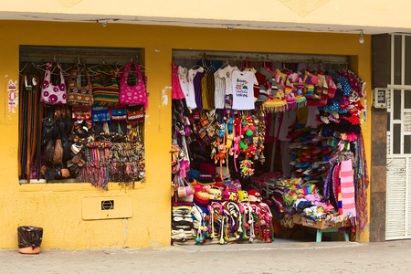 BANOS, ECUADOR - FEBRUARY 22, 2014: One of the many souvenirshops on February 22, 2014 in Banos, Ecuador. Banos is a small touristy town, which is mainly known for its various outdoor acitivities. のeditorial素材