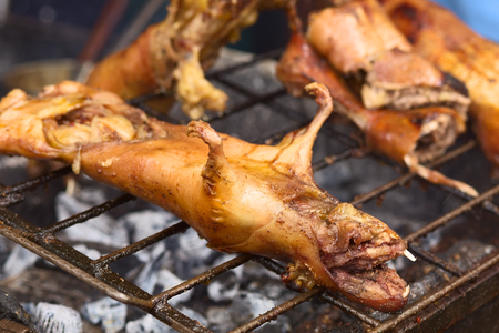 BANOS, ECUADOR - FEBRUARY 28, 2014  Guinea pigs being barbecued for sale on Ambato Street at the market hall on February 28, 2014 in Banos, Ecuador  In Ecuador, guinea pig  or cuy in Spanish  is considered a delicacy, and is usually very expensive のeditorial素材