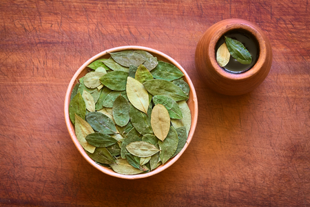 Overhead shot of dried coca leaves in bowl with fresh coca tea (mate de coca) on wood, photographed with natural lightの写真素材