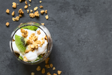 Yogurt parfait with fresh kiwi and crunchy almond and oatmeal granola in glass, photographed overhead on slate with natural light (Selective Focus, Focus on the top of the parfait)の写真素材