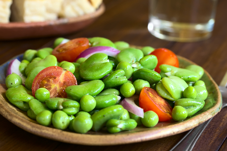 Broad bean (lat. Vicia faba), pea, cherry tomato and red onion salad served on plate, photographed on dark wood with natural light (Selective Focus, Focus one third into the salad)の写真素材
