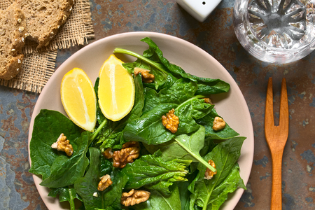 Fresh spinach and walnut salad with lemon wedges on the side served on plate, photographed overhead on slate with natural lightの写真素材