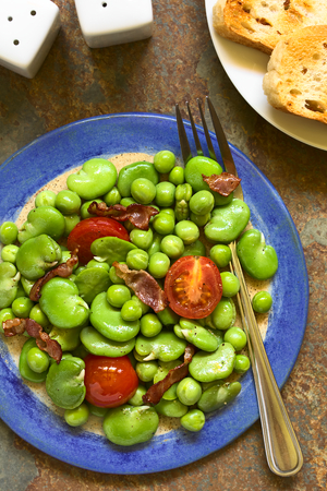 Broad bean, green pea, cherry tomato and fried bacon salad with toasted bread, photographed overhead on slate with natural lightの写真素材