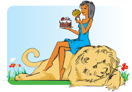 Girl sitting on lion with cake in her hand. Vector illustration. のイラスト素材