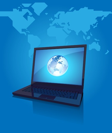 Laptop with globe on screen. Blue background with map of the World. Vector illustration.のイラスト素材
