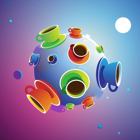 Colorful planet of coffee, with sun, moon and stars. Vector illustration.のイラスト素材