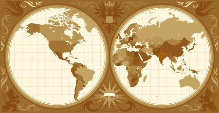World map with retro-styled hemispheres, ornaments and insignia elements. Vector illustration.のイラスト素材