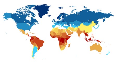 Detailed world map with countries. Colored in various colors: from red on equator to deep blue near poles. Vector illustration.のイラスト素材