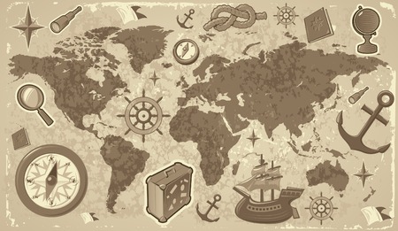 Retro-styled world map with travel and nautical icons. Vector illustration.のイラスト素材