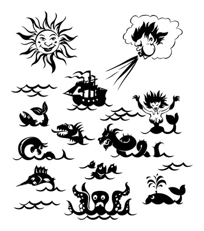 Fantasy sea monsters, Sun, Northwind and sailboat. Vector illustration.のイラスト素材