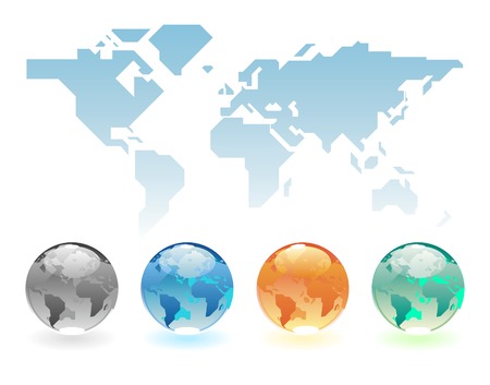Geometric stylized map of the World and globes in various colors. Vector illustration.のイラスト素材