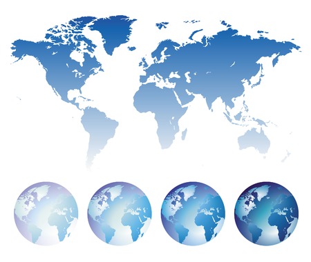 Blue map of the World and globes. Vector illustration.のイラスト素材