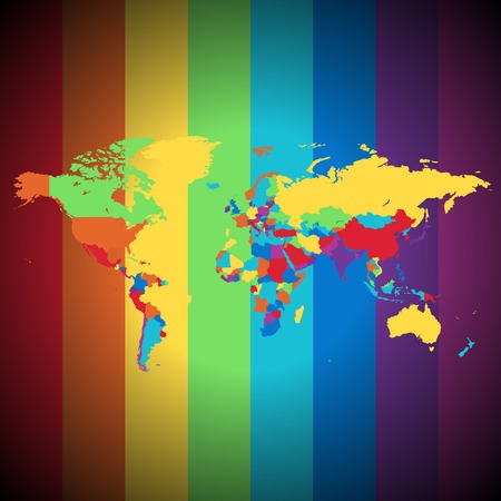 Multicolored map of the World on striped background.  illustration.のイラスト素材