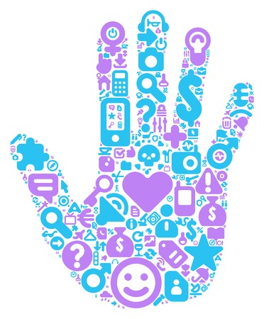 Human hand concept. Made of 100 vector icons set in blue and violet colors.のイラスト素材