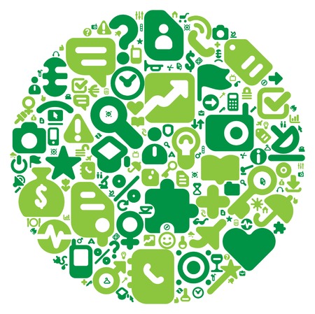 Human world concept. Planet Earth made of 100 vector icons set in green colors.のイラスト素材