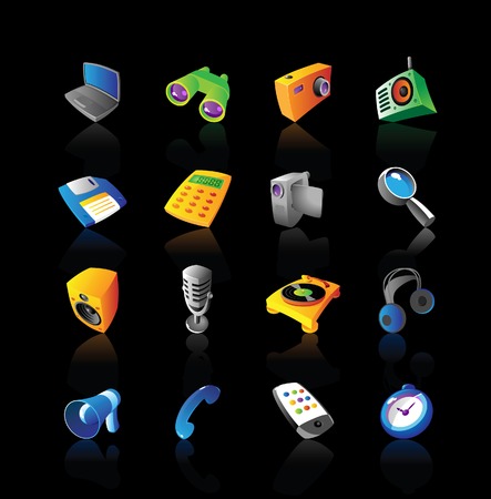 Realistic  icons set for various media and electronics devices on black backgroundのイラスト素材