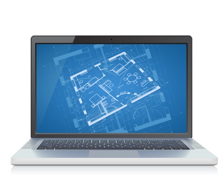 High detailed laptop with abstract architectural blueprint background on screen. Vector illustration.のイラスト素材