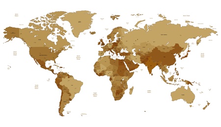 Detailed vector World map of brown sepia colors. Names, town marks and national borders are in separate layers. Detailed vector World map of brown sepia colors. Names, town marks and national borders are in separate layers.