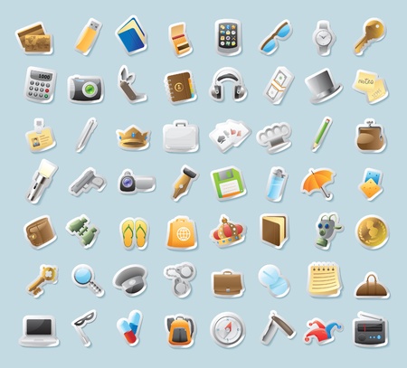 Sticker button set. Icons for personal belongings. Vector illustration.のイラスト素材