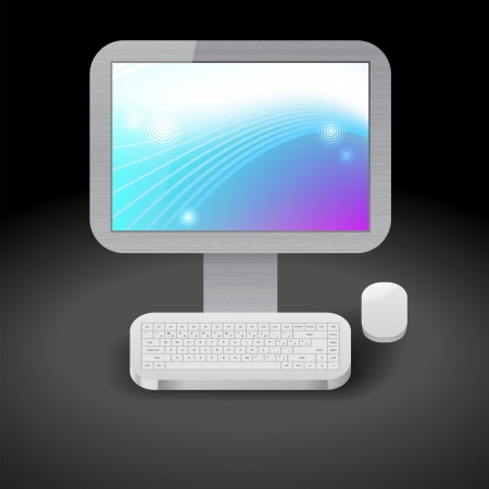 Icon for personal computer with blue and purple wallpaper on display. Dark background.のイラスト素材