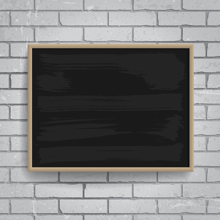 Black chalkboard with wooden frame on brick wall background  のイラスト素材