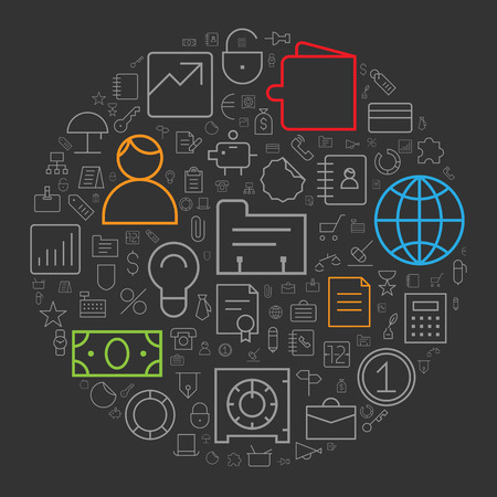 Icons for business and finance arranged in circle. Vector illustration.のイラスト素材