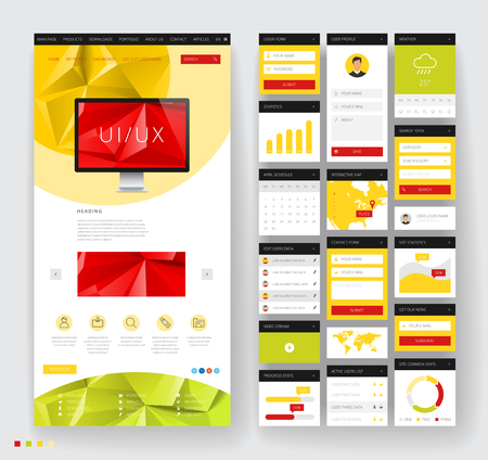 Website template design with interface elements. Low poly abstract backgrounds. Vector illustration.のイラスト素材