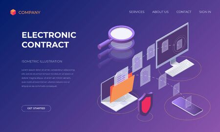 Website landing page, promotion poster, flyer or brochure concept for electronic contract business deal, isometric vector illustrationのイラスト素材