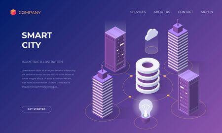Website landing page, promotion poster, flyer or brochure concept for smart city technologies, isometric vector illustrationのイラスト素材