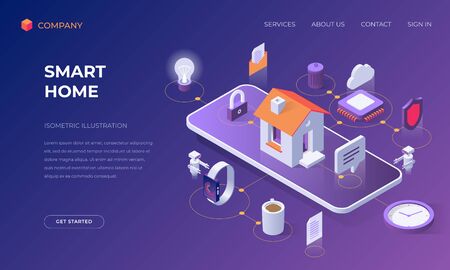 Website landing page, promotion poster, flyer or brochure concept for smart home digital technologies, isometric vector illustrationのイラスト素材