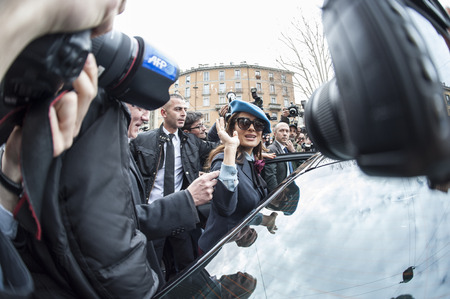 Actress Salma Hayek greets photographers at the end of Gucci39s fashion show.のeditorial素材