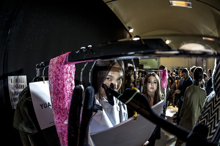 Model pictured in the basckstage of Mila Shon During Milan Fashion Week 2015のeditorial素材