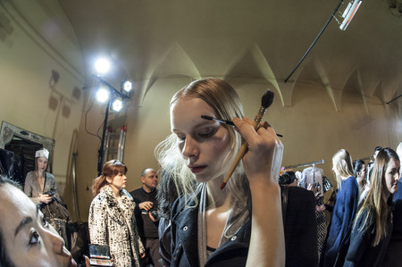 Model pictured in the basckstage of Mila Shon During Milan Fashion Week 2015のeditorial素材