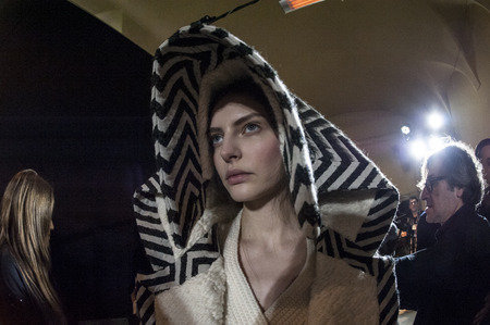 Model pictured in the basckstage of Mila Shon During Milan Fashion Week 2015のeditorial素材