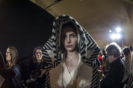 Model pictured in the basckstage of Mila Shon During Milan Fashion Week 2015のeditorial素材