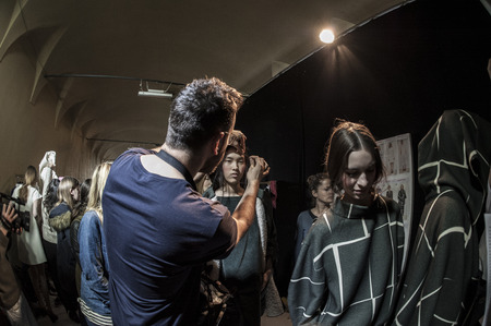 Model in the backstage of Mila Shon during Milan Fashion Week 2015のeditorial素材