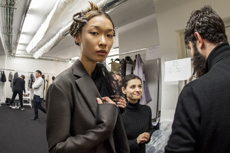 Model in the backstage of Alberto Zambelli during Milan Fashion Week 2015のeditorial素材