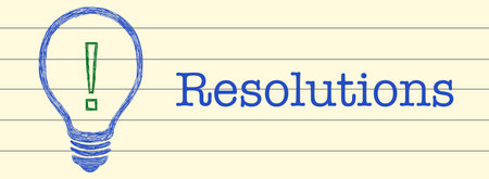 Resolutions concept image with text and bulb symbol over notebook page background.の写真素材