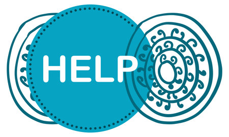 Help text written over turquoise badge style abstract background.