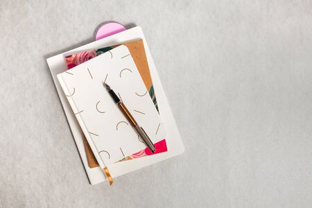 Three notebooks on light gray background with ink pen and copy spaces. Journal writing and note...