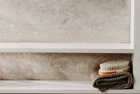 Modern bathroom shelving with copy space. Body brush and face towel wth mock up space