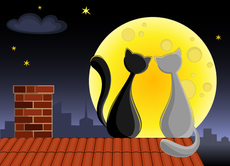 Two cats are sitting on the roof in front of full Moonのイラスト素材