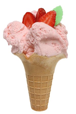 Strawberry ice cream on wafer cone, isolated on white backgroundの写真素材