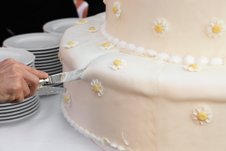 groom cut of a slice of wedding cakeの写真素材