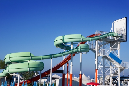 pipes of an aquapark or water park against blue skyの写真素材