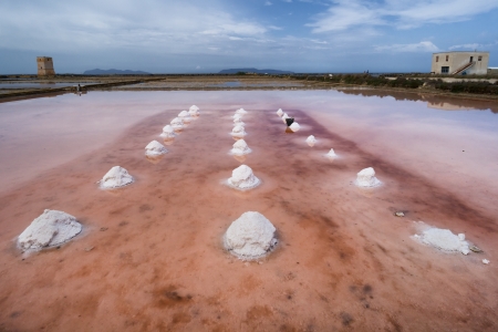 pink salt pans in Trapani, Sicily. Italyの写真素材