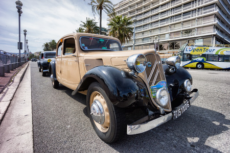 NICE, FRANCE - APRIL 26, 2014: A classic Citroen car during the 11th CitroLevens parade, here on the promenade des angles in Nice.のeditorial素材