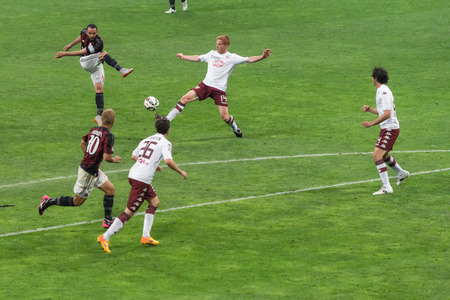 MILAN, ITALY - MAY 24, 2015: football players in action during the match AC Milan vs Torino FC, at the san siro stadium in Milan, Italy.のeditorial素材