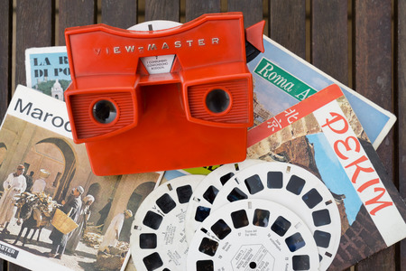 MILAN, ITALY - JULY 5, 2015: view-master vintage 3d viewer toy has introduced to the wonder of 3D generations of kids for over 75 yearsのeditorial素材