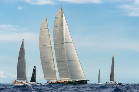 PORTO CERVO - 9 SEPTEMBER: Maxi Yacht Rolex Cup sail boat race. The event is one of international sailings most important and revered competitions. on September 9 2015 in Porto Cervo, Italyのeditorial素材